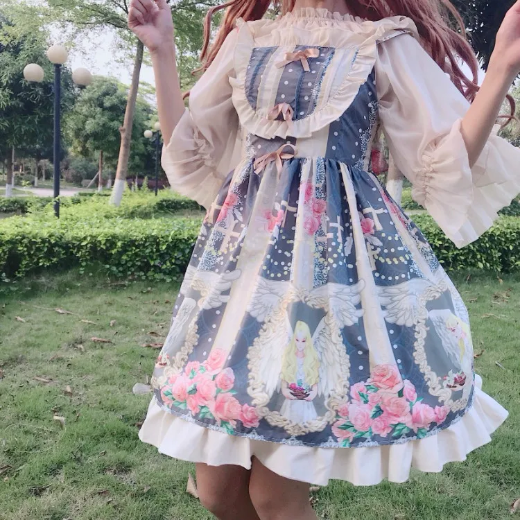 Lolita Dress Sweet Cute Kawaii Girls Princess Maid Vintage Ruffles Puff Sleeveless Red Black Pink Women dress | Тематическая одежда