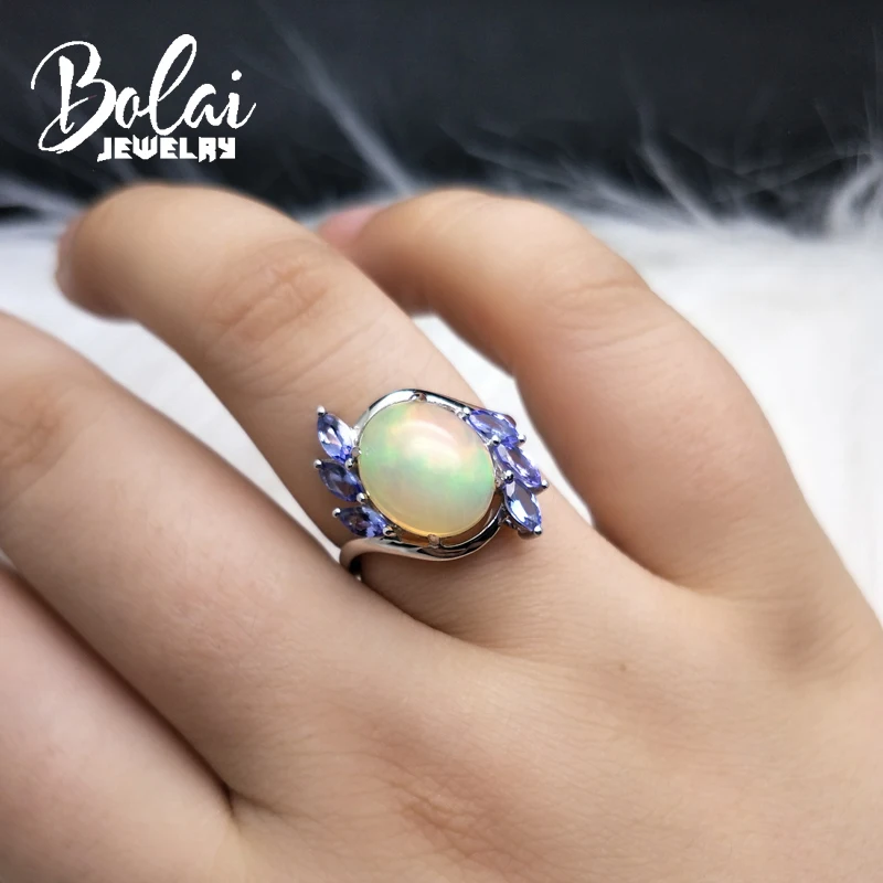 Bolaijewelry, кольцо из белого золота 14 К натуральный Эфиопский Опал и драгоценный камень Танзанит, простое и модное кольцо для девочек в качестве лучшего подарка