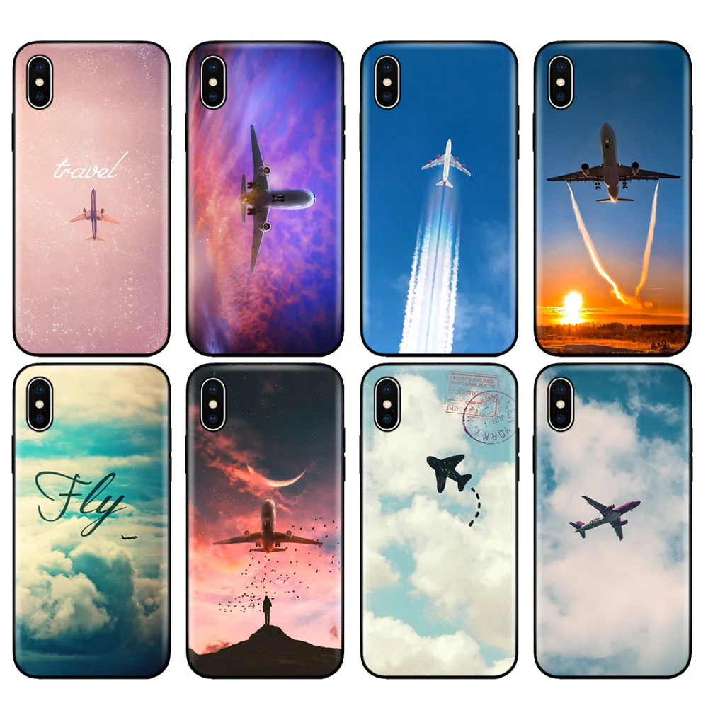 Черный ТПУ чехол для iphone 5 6 6s 7 8 plus x 10 XR XS 11 pro MAX летающий самолет на закате |