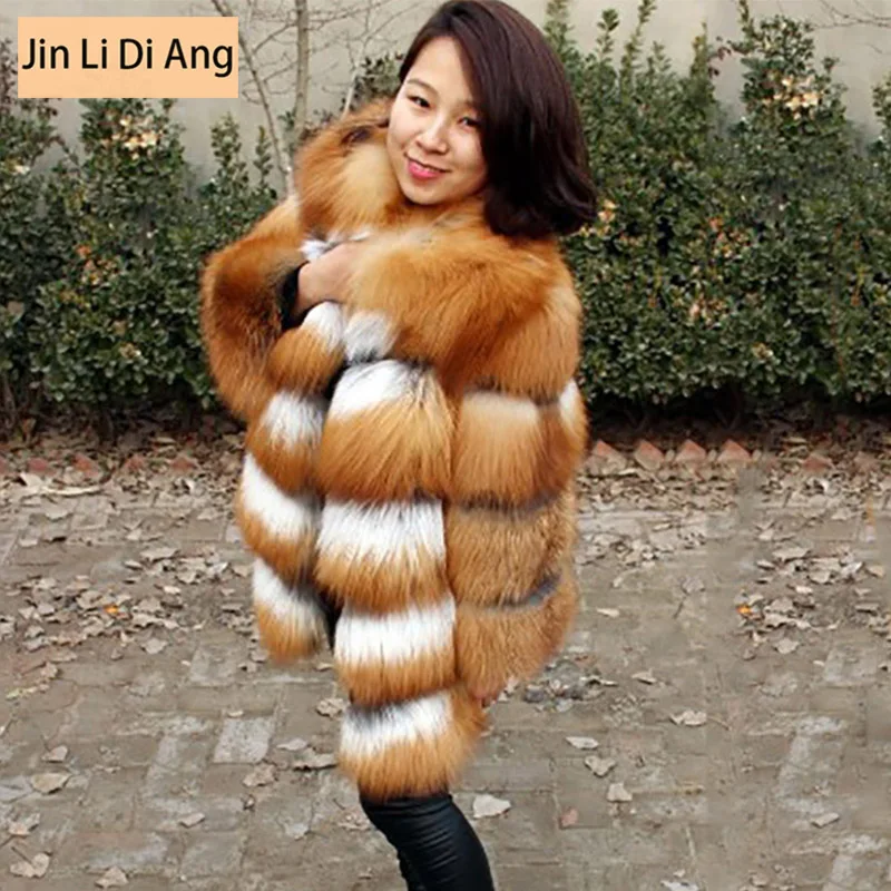 Jin Li Di Ang Women Natural Real Red Fox Silver Fur Coats with Collar Jacket Winter Warm Full Pelt Leather Vest | Женская одежда
