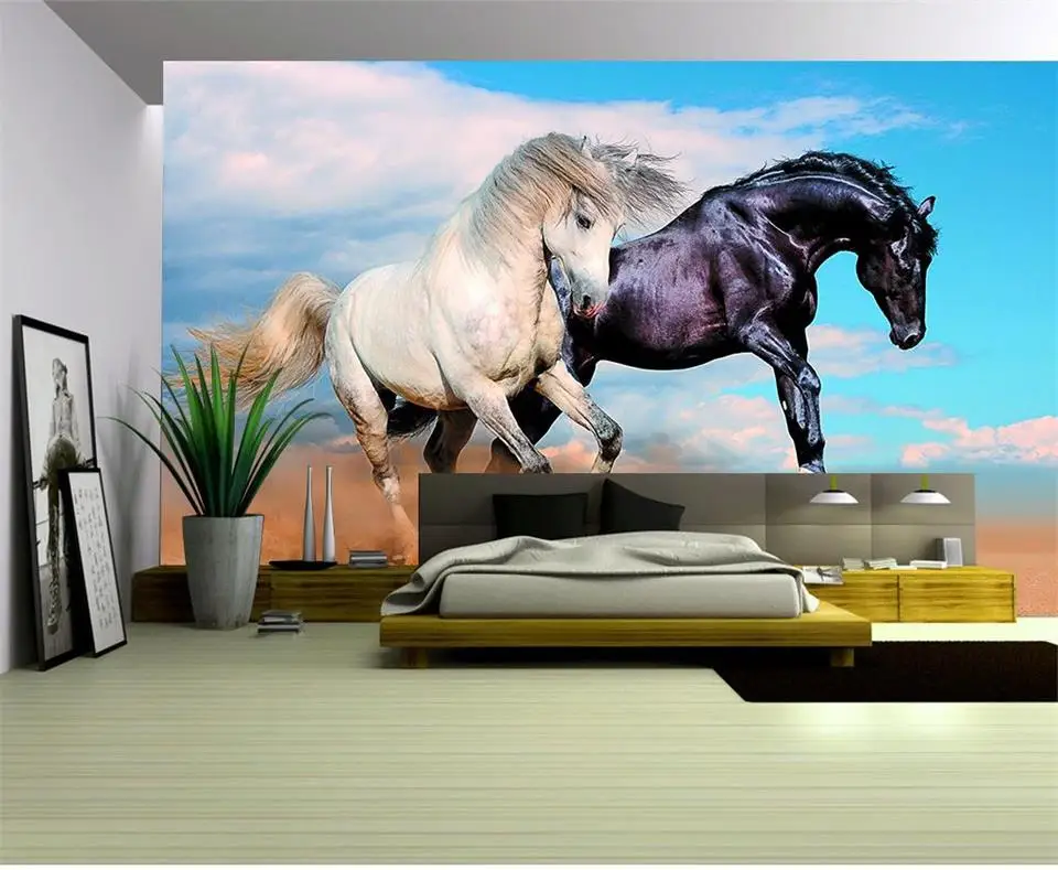 

3d обои на заказ, фотообои для гостиной, Черная лошадь, Белая лошадь, живопись, ТВ, диван, фон, нетканые обои для стен 3d