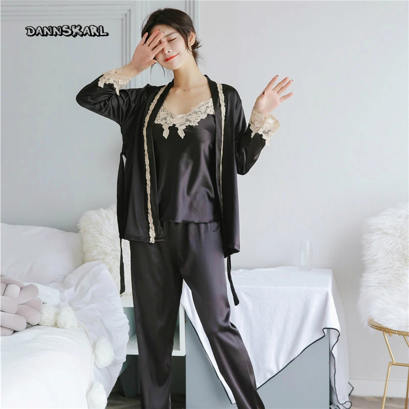 Осенняя Шелковая пижама женская зимняя рубашка с длинными рукавами из ледяного