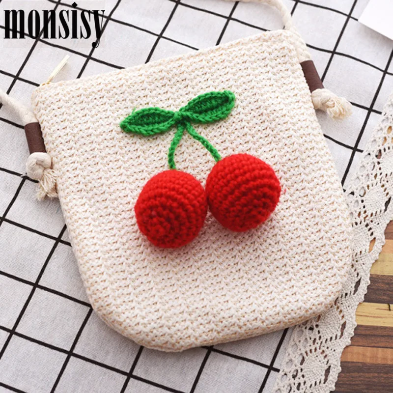 Monsisy Summer Straw Bag For Women Cherry Beach Girl Handbag Wallet Purse Causal Rattan Messenger |