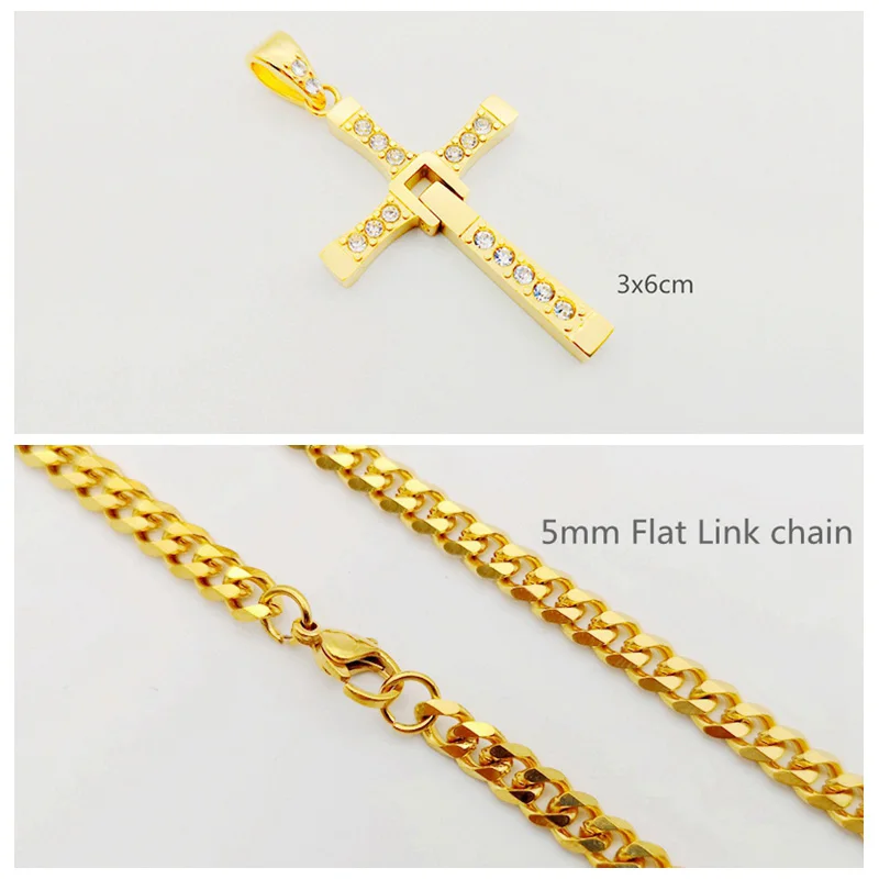 Gold Small link Форсаж 8 в стиле «хип-хоп» CZ камни крест ожерелье кулон 316 из нержавеющей стали крест Доминика Торетто ожерелье для мужчин и женщин ювелирные изделия - Окраска металла: Gold Small link