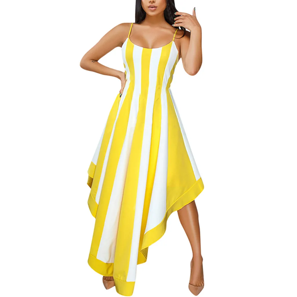 Женское асимметричное платье в полоску без рукавов с v образным вырезом и высокой
