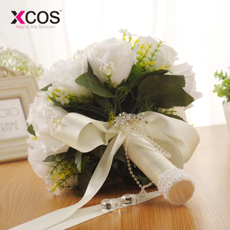 XCOS искусственный белый цветок букет Свадебный букет de mariage ручной работы Листья жемчужные цветы Свадебные букеты невесты