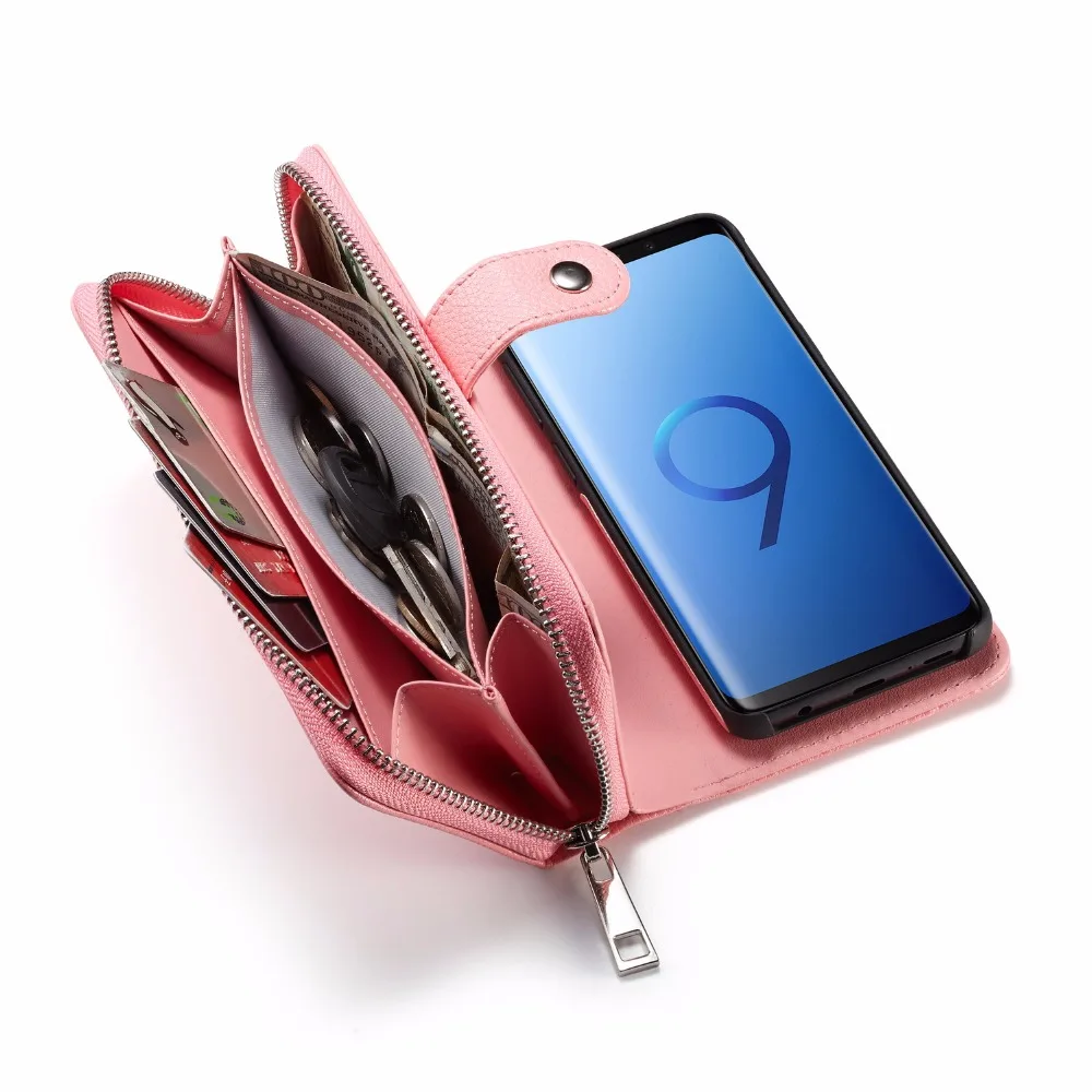Многофункциональный чехол для телефонов samsung GALAXY, задняя крышка из искусственной кожи, застежка-молния, ремешок, клатч, кошелек, чехол, карман для карт, 2 в 1