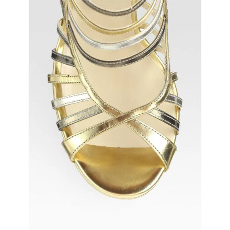 

Gold Mixed Colors Thin Heels Hollow Up Sandals Ankle Strap With Zipper Summer Shoes Evening Club Generous Woman Shoes Size 4-16
