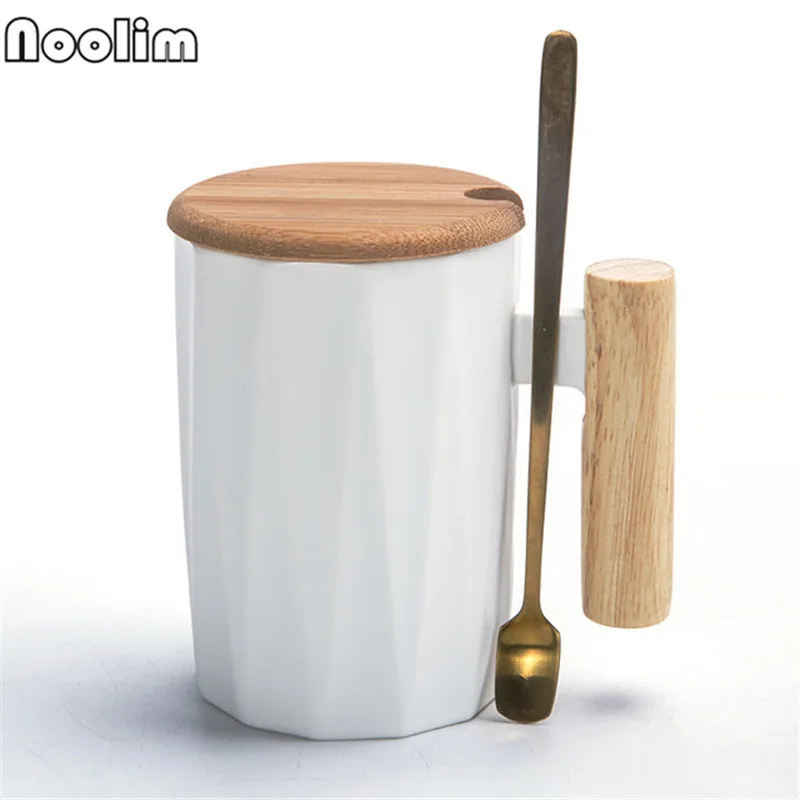 White With Lid Spoon Креативные чайные чашки изысканный чай кружки с металлической ложкой и деревянная крышка креативные кофейные чашки для молока и чая пара чашек - Цвет: White With Lid Spoon