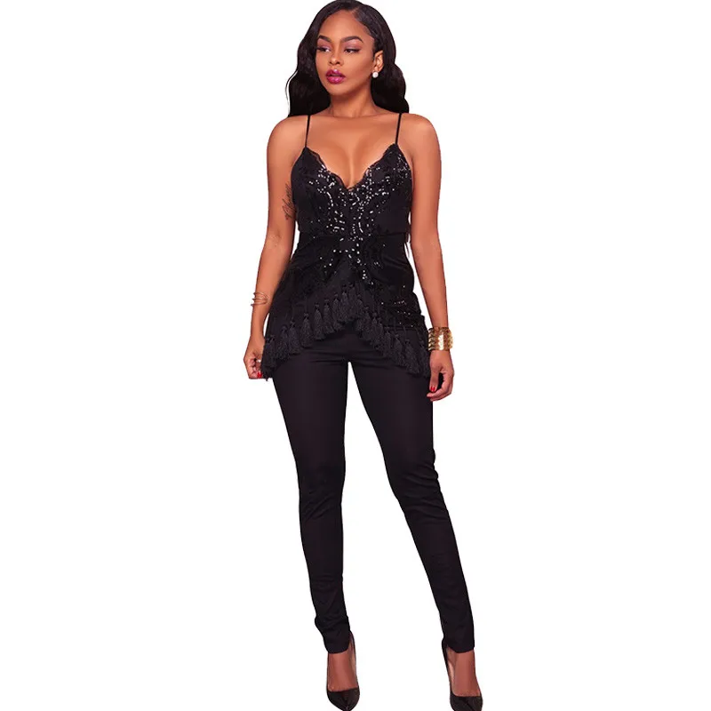 Женский Блестящий Комбинезон с V образным вырезом и открытой спиной|sequined jumpsuit and