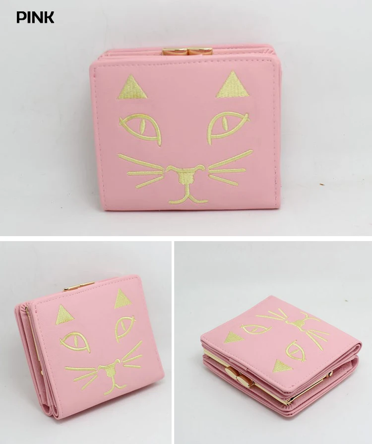 Короткий кошелек ENKNIGHT с кошачьим лицом, Женский кошелек, складные отделения для карт, сумка для монет, с вышивкой, с милой застежкой, мини-сумочка из искусственной кожи