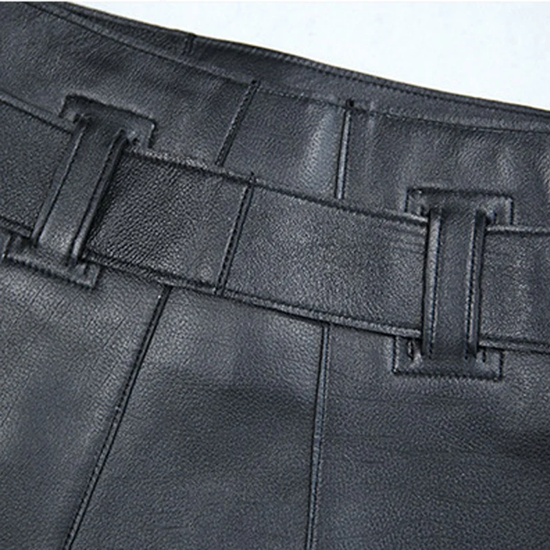 RYS9314 Winter Female 100% Real Leather Short Skirt Women Mujer Metal Belt Diagonal Buckle Irregular Hem Jupe Punk Mini Saia