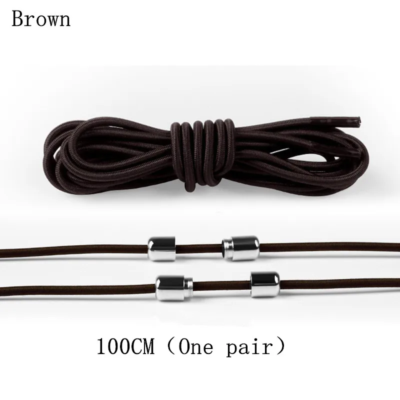 Brown-9 Новинка, 1 пара, унисекс, ленивые, эластичные, без завязок, круглые шнурки для ботинок, для детей и взрослых, быстро, яркие цвета, 100 см, Круглые, металлические, с головкой, шнурки - Цвет: Brown-9