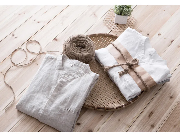 

New arrival summer men shirt linen three-quarter sleeve pure 100% flax shirts men brand fashion shirt mens stand collar chemise