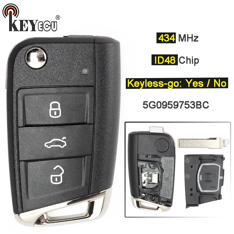 KEYECU 10x434 МГц ID48 чип 3 кнопки без ключа go/ Flip удаленный брелок для Volkswagen MQB Golf VII MK7 Skoda