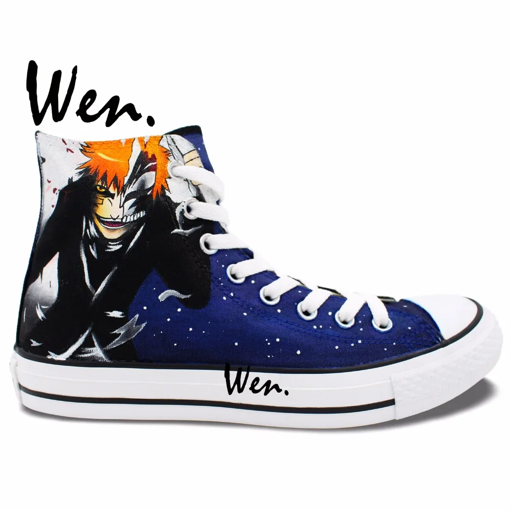 

Wen Blue Hand Painted Anime Shoes Bleach Kurosaki Ichigo kenpachi Men Women's High Top Canvas Sneakers for Birthday Gifts