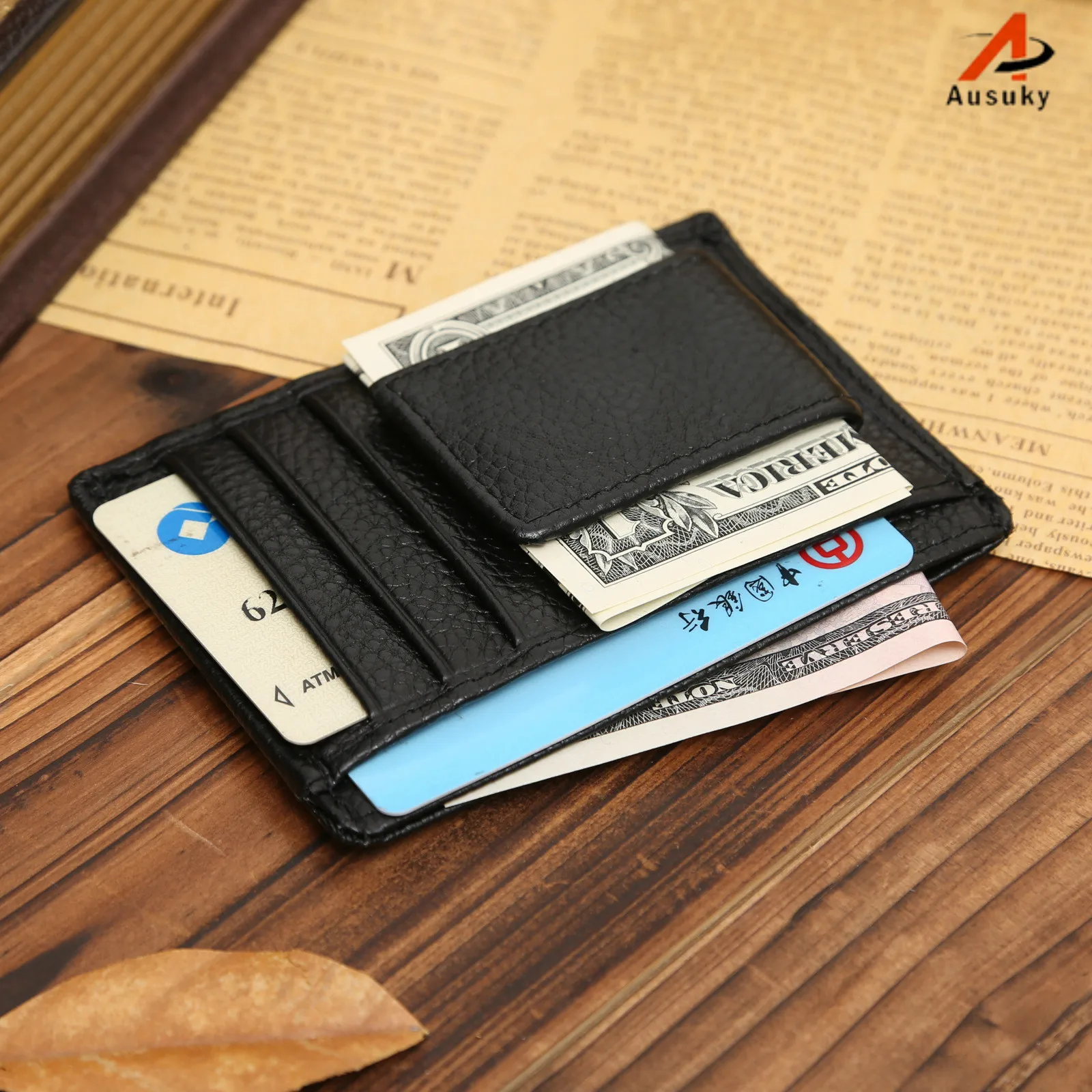 Новый Ausuky из натуральной кожи с зажимом для денег кошелек мужской тонкий свитер