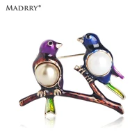 madrry cute double birds shape brooch imitation pearls enamel animal brooches for women bag hat clothes jewelry accessories pins