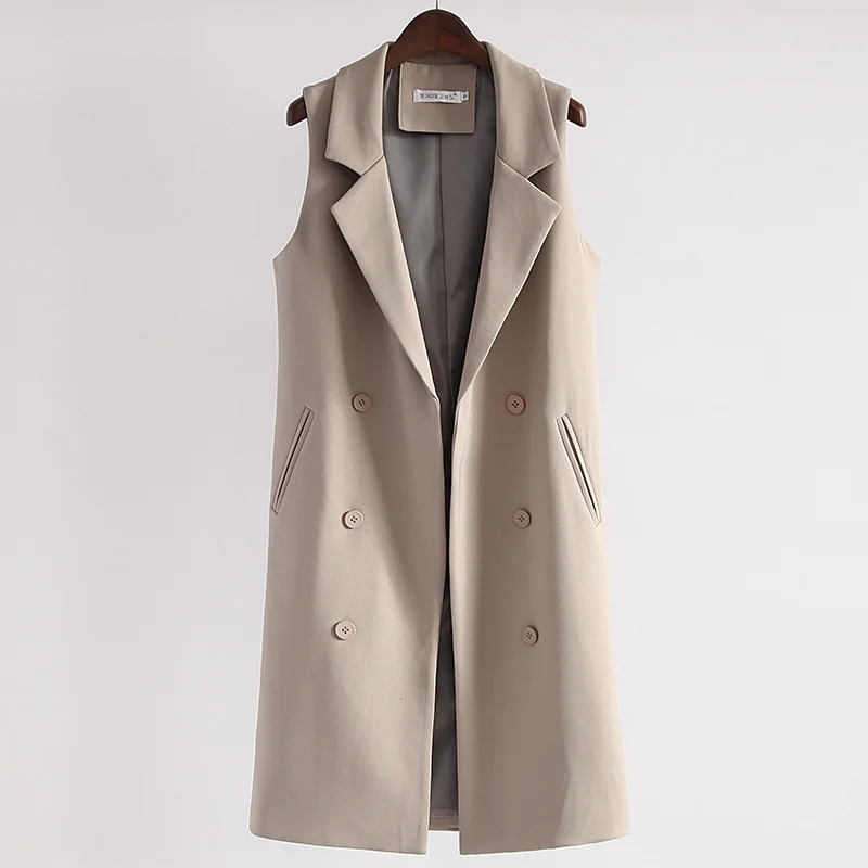 light beige gray Модные длинные черные жилеты весна осень для женщин без рукавов Блейзер жилет пальто женский двубортный жилет куртка Верхняя одежда AB1282 - Цвет: light beige gray