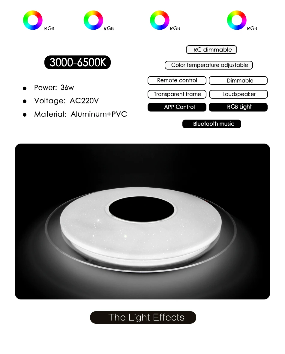 Светодиодный музыкальный потолочный светильник RGB Bluetooth, динамик, лампа для дома, вечерние, спальни, 220 В, 36 Вт, 40 Вт, пульт дистанционного управления с регулируемой яркостью, приложение, умный красочный светильник ing