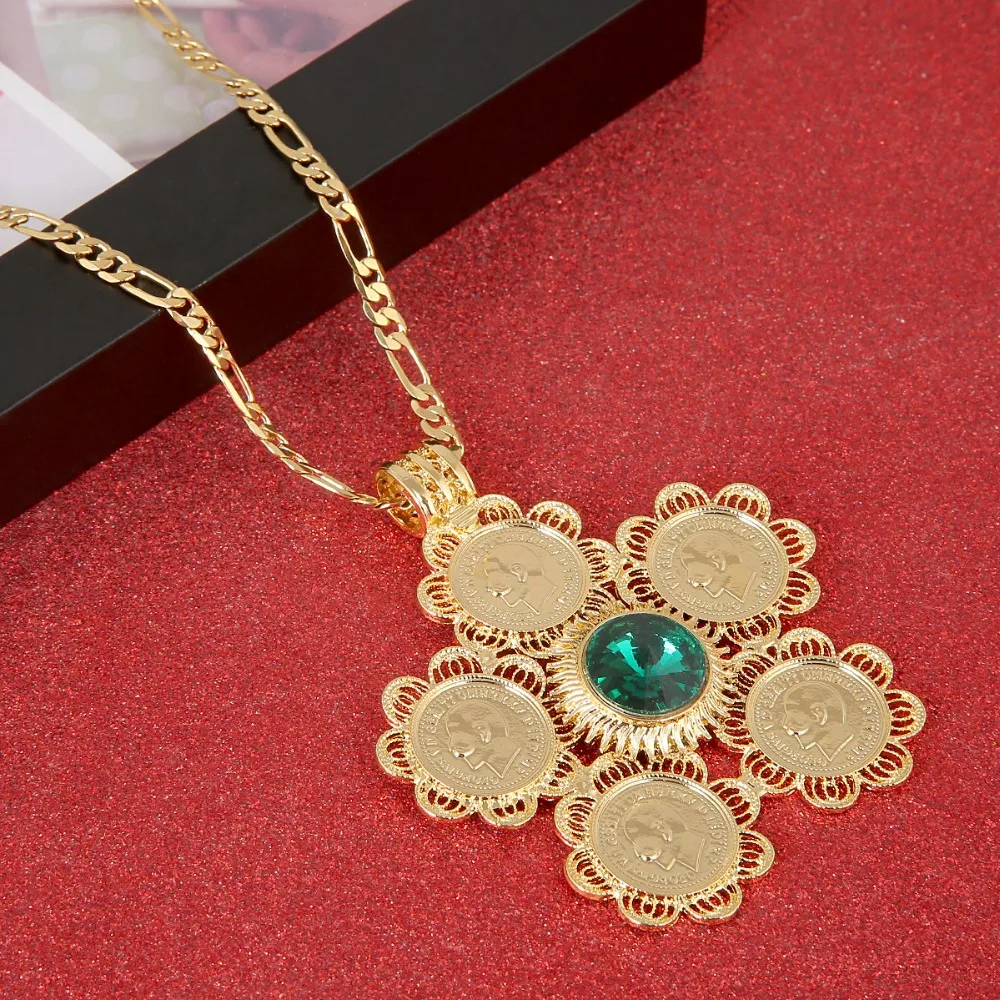 Ethiopian Red Blue Green Stone Cross Pendant Necklace Women Men Jewelry Africa Coin Eritrea Habesha | Украшения и аксессуары