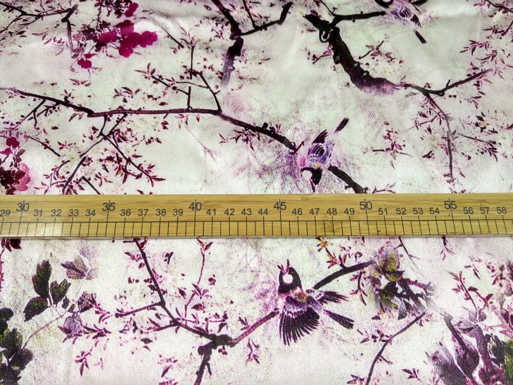 Розовый Plum цветы птица печать китайский стиль Cheongsam шелковый атлас ткань