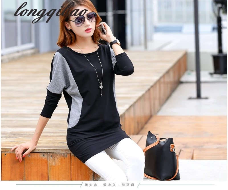 Женская свободная футболка с длинным рукавом длинная в Корейском стиле модель