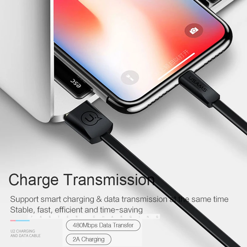USB кабель для синхронизации данных для iphone x, USAMS 2A Быстрая зарядка для iphone X 8 7 6 6s 5 SE для освещения кабель для iphone зарядное устройство
