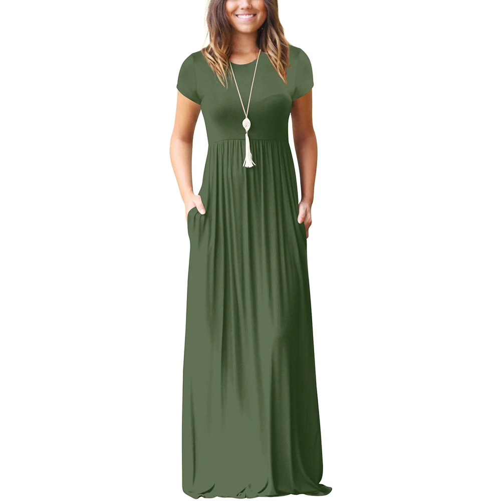 

Short Sleeved Pockets Dress Women Solid O-Neck Summer Maxi Long Dresses Casual Beach Simple Loose Plus Size Party Elegant Ladies