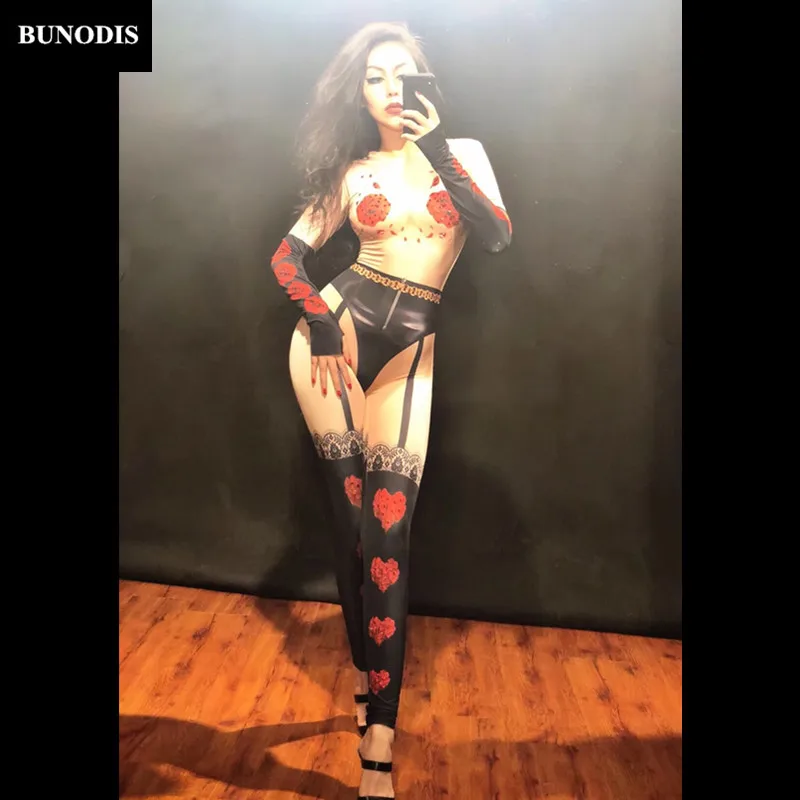 ZD297 Women Sexy Red Rose Jumpsuit 3D Printing Flowers Nightclub Party Celebrate Performance Dancer Singer Stage Wear Costumes