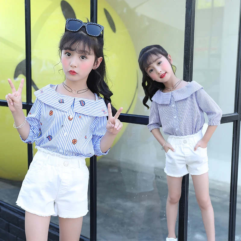 Детская одежда летняя с принтом прекрасный цветок в полоску рубашка длинным