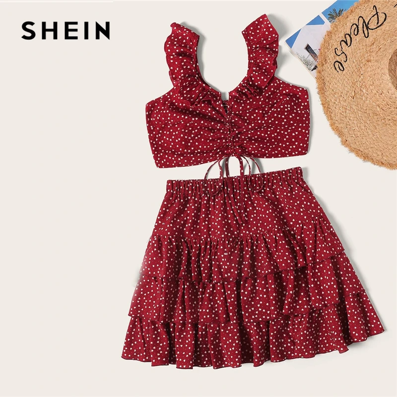 SHEIN бордовая многослойная юбка выше колена с принтом в виде сердца, женская летняя элегантная повседневная однотонная Бархатная мини-юбка со средней талией