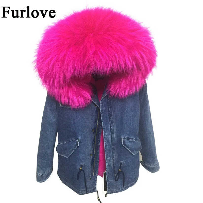 2017 New Winter Jacket Women Coat Large Real Raccoon Fur Collar Hooded Coats Detachable Faux Lined Denim Parka Warm Outwear|denim parka|winter jacket