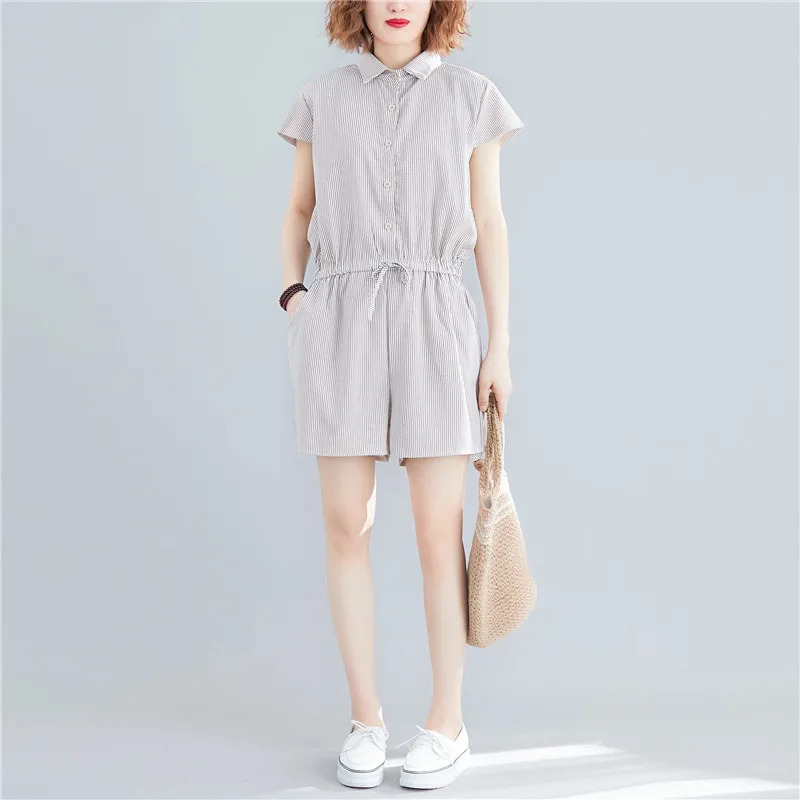 Женские комбинезоны Лен Летний комбинезон в полоску Женский короткие штаны