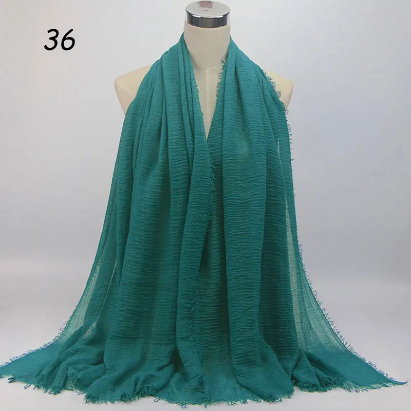 36 Qing Scarf Sparsil Весенний хлопковый женский шарф Одноцветный мнущийся Ретро шарф с короткими кисточками 180 см Большие шали мусульманские женские хиджабы - Цвет: 36 Qing Scarf