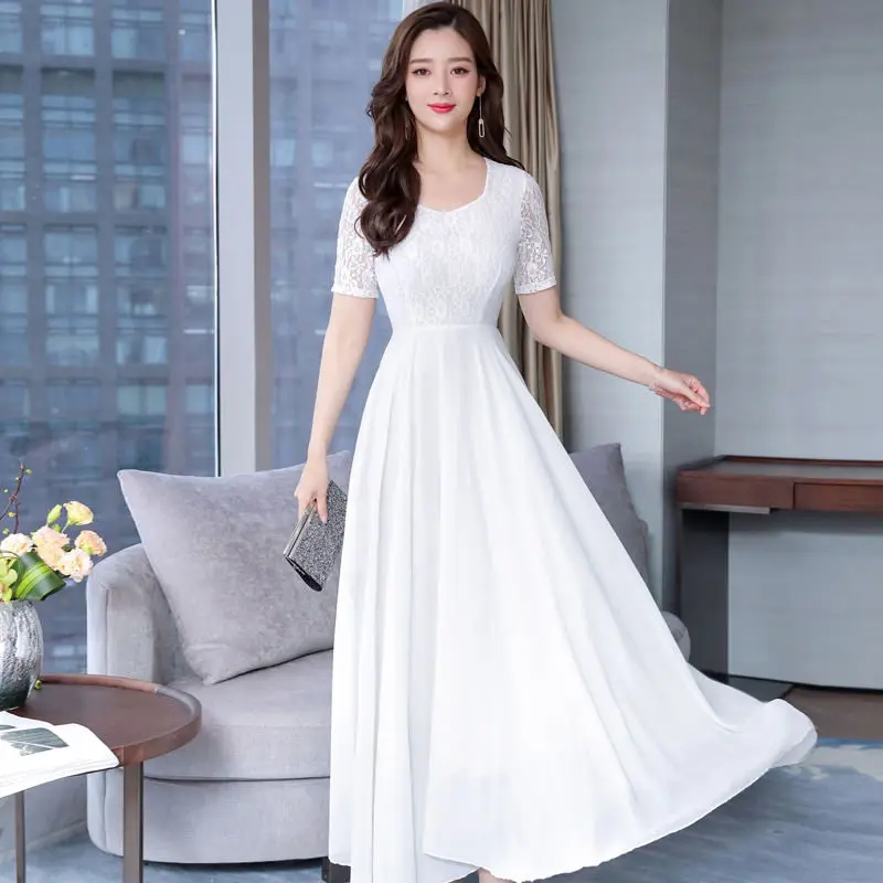Белое длинное платье Для женщин Vestidos тонкий шифон вечерние платье элегантный уличная сезон: весна–лето макси плюс Размеры платье Robe Femme Q1259