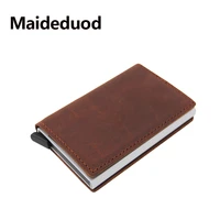 maideduod 2018 unisex genuine leather card holder vintage purse crazy horse leather rfid aluminium credit business card holder
