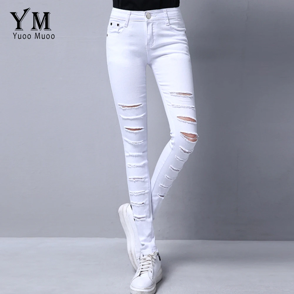 Новинка Лидер продаж белые женские джинсы YuooMuoo модные рваные с дырками для