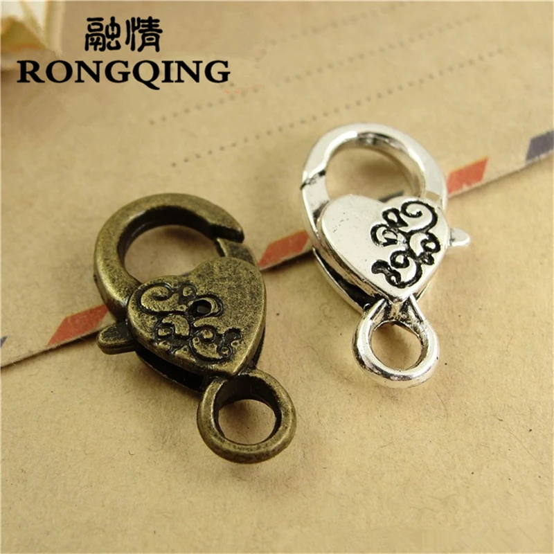 

RONGQING 40pcs/ lot pattern Jewelry Findings 15*26*5.5MM Antique Silver Bronze Lobster Clasps Hooks For Necklace Bracelet DIY