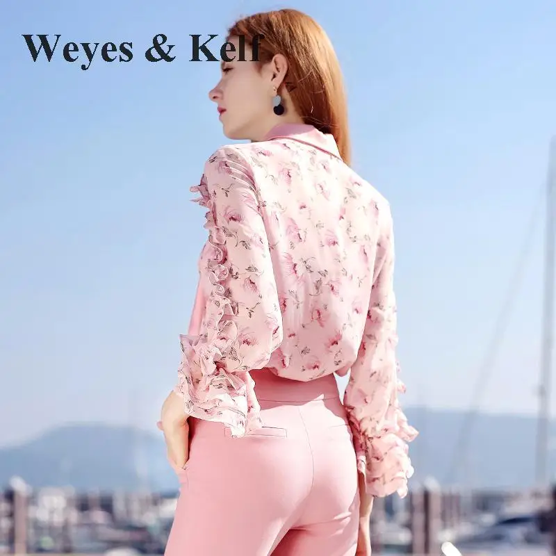 Weyes & Kelf шифон с цветочным принтом Блузки Для женщин 2018 Весна Однобортный коротким
