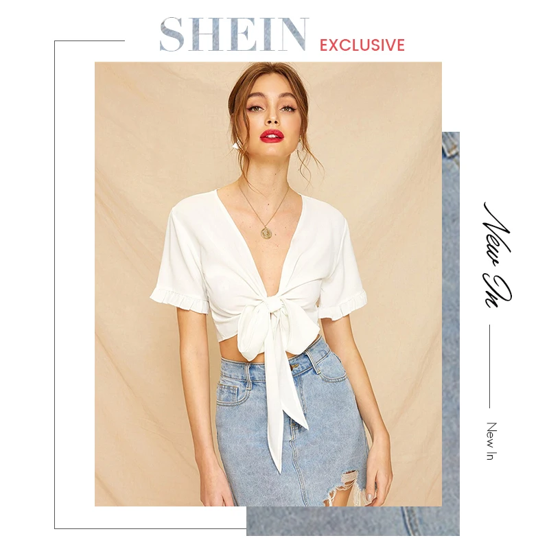 SHEIN Узелок спереди оборка манжеты укороченная блузка белая сексуальная глубокий v-образный вырез женские топы и блузка летние Однотонные блузки с коротким рукавом