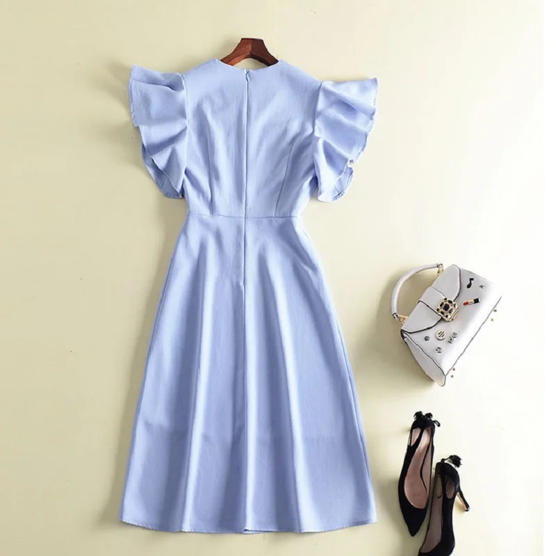 

Spring Summer Clothes Woman Fashion Career Dress Ruffle Sexy Lady V-Neck Butterfly Sleeve Mid-Calf A-Line Blue Pink Dress Belt