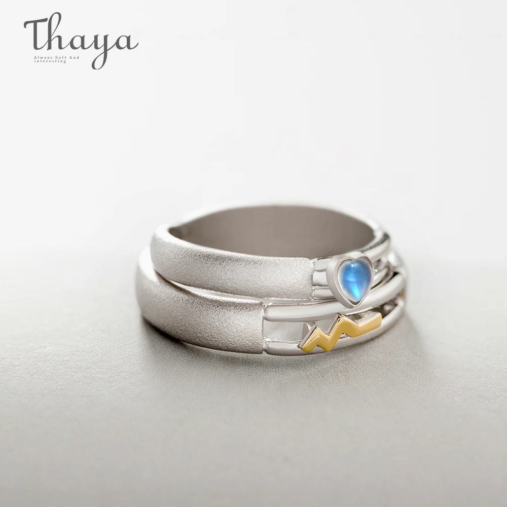 Thaya Heartbeat Rings Real 925 Sterling Silver Natural Moonstone Couple rings for Women Men Resizable Wedding Jewelry Gifts