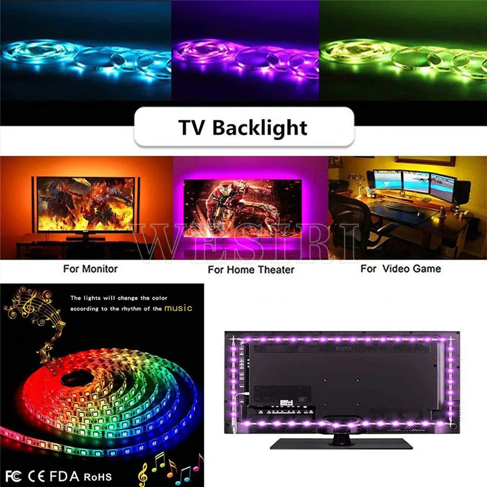 СВЕТОДИОДНЫЙ Телевизор с подсветкой 3 м/5050 футов RGB светодиодный свет полосы для 30-60 дюймов HD tv смещенное освещение с USB музыкальным пультом дистанционного управления