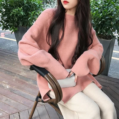 Winter Women Sweaters New Streetwear Harajuku O-neck Batwing Sleeve Warm Pullovers Korean Female Chic Split Knitted Jumpers | Женская