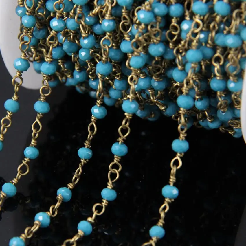

5Meter small blue glass beads Faceted Rondelle Rosary Chains,Brass Plated links Chain loop necklace jewelry supplies