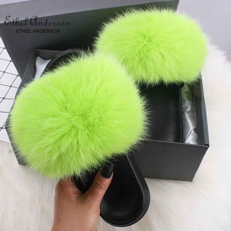 Apple Green Fox Fur Ethel Anderson/летние меховые шлепанцы; женские сланцы с лисьим мехом енота; пляжные сандалии на плоской подошве с мехом - Цвет: Apple Green Fox Fur
