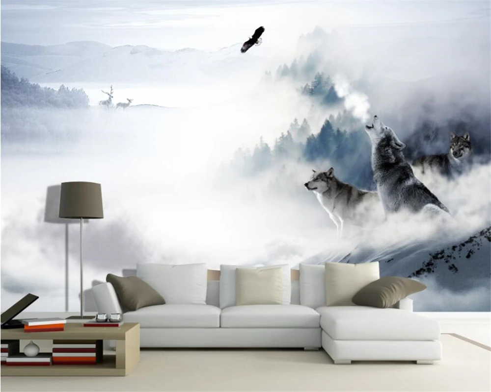 

Обои Beibehang на заказ, Современный Шелковый материал, фоновая стена, волк, тотем, снег, горы, лось, украшение для дома, настенные 3d обои