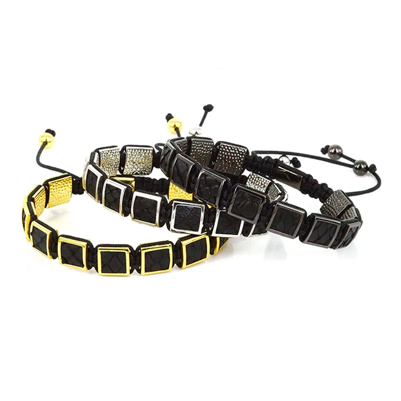 Мужские браслеты из натуральной кожи черного цвета лидер продаж 2018 золотые
