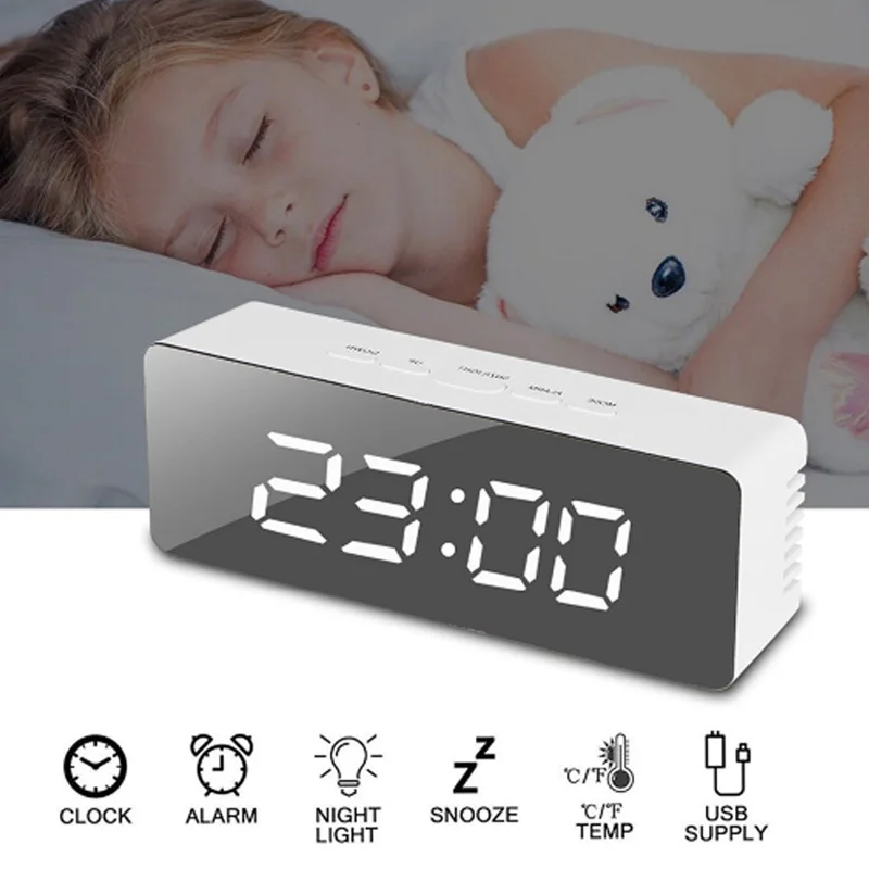 USB multi function mirror digital alarm clock makeup and nap indoor thermometer night LED | Дом и сад